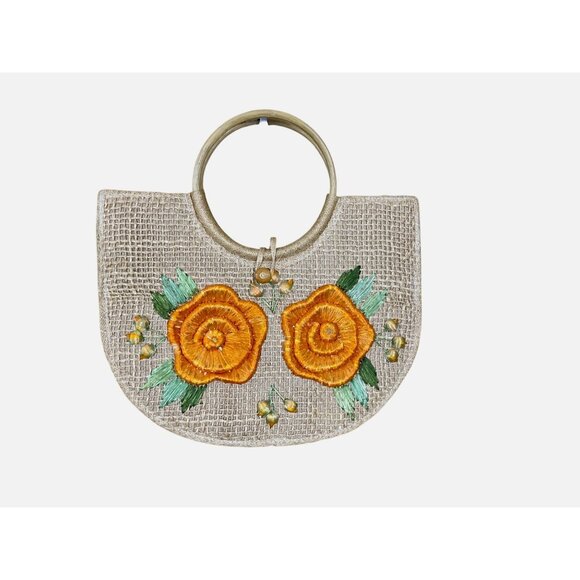 Handbags - Jute or Straw Large Tote Round Cane Double Handles Orange Raffia Flowers